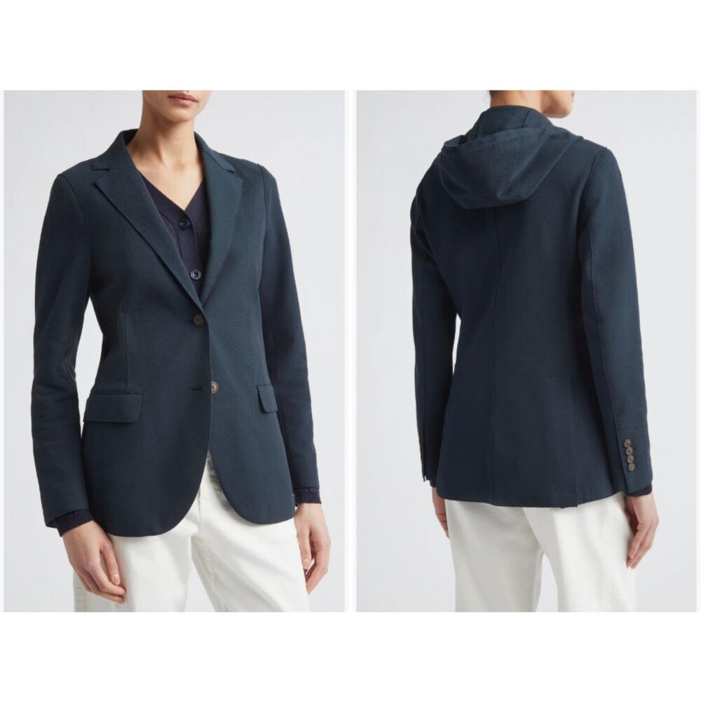 Eleventy Women's Blue Cotton Blend Knit Blazer Removable Hooded Bib Size 2 US/40